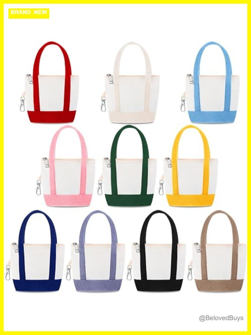 10 Mini Tote Bag Keychain Set with Zipper Pouch